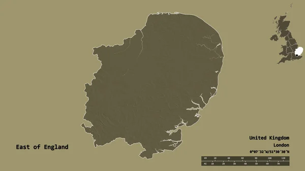 イギリスの東の形 その首都はしっかりとした背景に隔離されている 距離スケール リージョンプレビュー およびラベル 色の標高マップ 3Dレンダリング — ストック写真