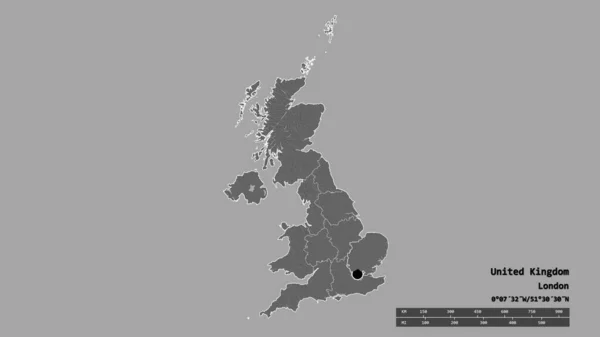 Desaturated Vorm Van Het Verenigd Koninkrijk Met Zijn Hoofdstad Belangrijkste — Stockfoto