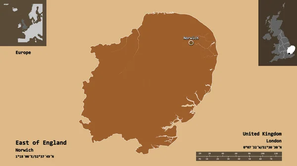 Shape East England Region United Kingdom Its Capital Distance Scale — Stock Photo, Image