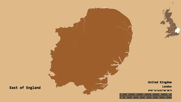 イギリスの東の形 その首都はしっかりとした背景に隔離されている 距離スケール リージョンプレビュー およびラベル パターン化されたテクスチャの構成 3Dレンダリング — ストック写真