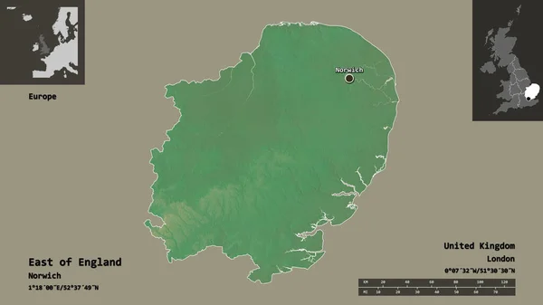 英格兰东部的形状 英国的一个地区 及其首都 距离刻度 预览和标签 地形浮雕图 3D渲染 — 图库照片