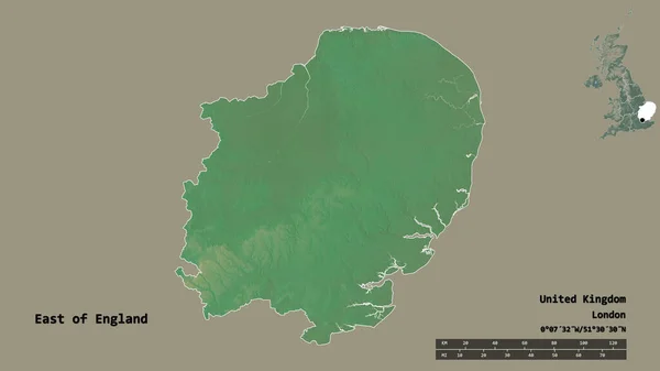 英国东部的形状 英国的一个地区 其首都在坚实的背景上孤立 距离尺度 区域预览和标签 地形浮雕图 3D渲染 — 图库照片
