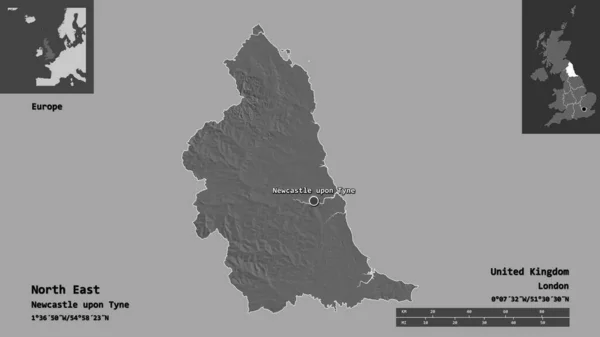 北東の形状 英国の地域 およびその首都 距離スケール プレビューおよびラベル 標高マップ 3Dレンダリング — ストック写真