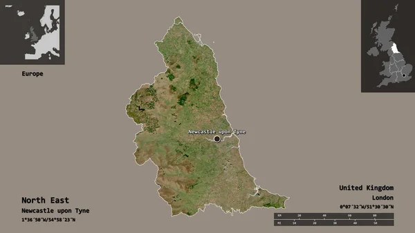 北東の形状 英国の地域 およびその首都 距離スケール プレビューおよびラベル 衛星画像 3Dレンダリング — ストック写真