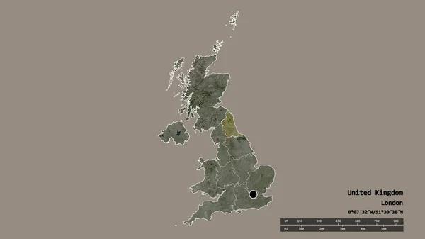以其首都 主要区域分部和分离的东北部地区为首都的联合王国的绝望状态 卫星图像 3D渲染 — 图库照片