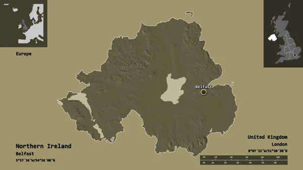 北アイルランドの形状 英国の領域 およびその首都 距離スケール プレビューおよびラベル 色の標高マップ 3Dレンダリング — ストック写真