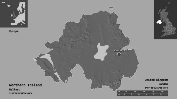 北アイルランドの形状 英国の領域 およびその首都 距離スケール プレビューおよびラベル 標高マップ 3Dレンダリング — ストック写真