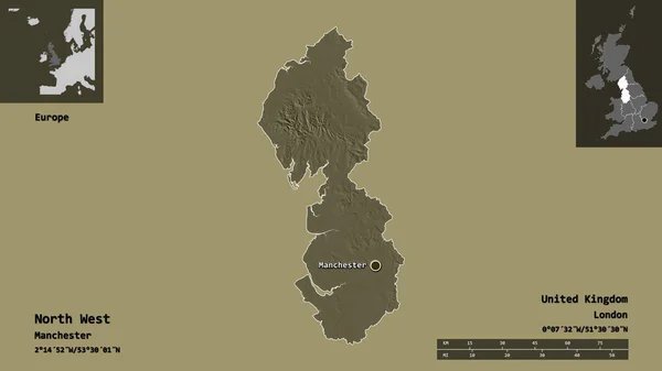Formen Nordvest Regionen Storbritannia Hovedstaden Avstandsskala Forhåndsvisninger Etiketter Farget Høydekart – stockfoto