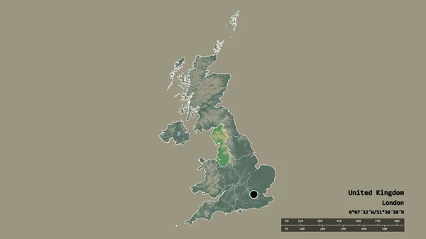 以其首都 主要区域分部和分隔的西北部地区为首都的联合王国的绝望状态 地形浮雕图 3D渲染 — 图库照片