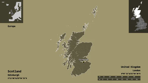 Formen Til Skottland Regionen Storbritannia Dets Hovedstad Avstandsskala Forhåndsvisninger Etiketter – stockfoto