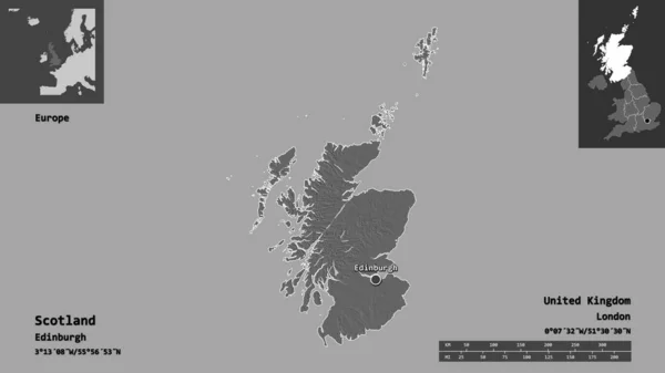 Shape of Scotland, region of United Kingdom, and its capital. Distance scale, previews and labels. Bilevel elevation map. 3D rendering