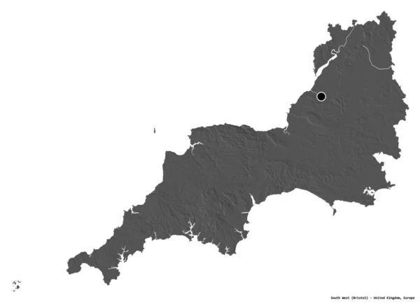 英国の領域である南西の形で 首都は白い背景に隔離されています 標高マップ 3Dレンダリング — ストック写真