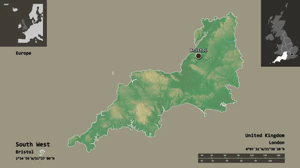 Shape South West Region United Kingdom Its Capital Escala Distancia — Foto de Stock