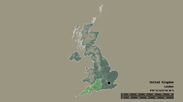 主要な地域部門と分離された南西部地域とイギリスの荒廃した形 ラベル 地形図 3Dレンダリング — ストック写真