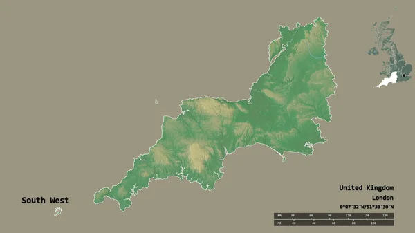英国西南地区的形状 其首都在坚实的背景上与世隔绝 距离尺度 区域预览和标签 地形浮雕图 3D渲染 — 图库照片