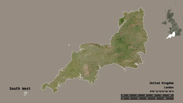 英国西南地区的形状 其首都在坚实的背景上与世隔绝 距离尺度 区域预览和标签 卫星图像 3D渲染 — 图库照片