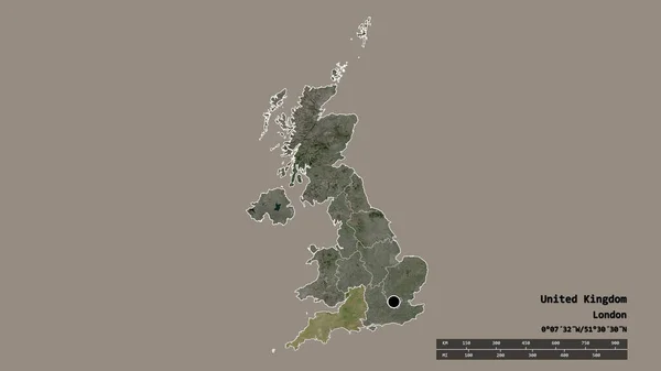 以首都 主要区域分部和分离的西南地区为首都的联合王国的经济形势严峻 卫星图像 3D渲染 — 图库照片