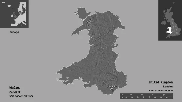 Tvar Walesu Regionu Spojeného Království Jeho Hlavního Města Měřítko Vzdálenosti — Stock fotografie