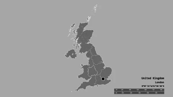 主要な地域部門と分離した西ミッドランド地域とイギリスの荒廃した形 ラベル 標高マップ 3Dレンダリング — ストック写真
