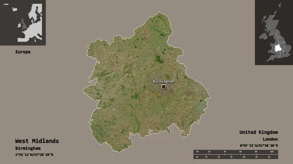 西ミッドランドの形状 英国の地域 およびその首都 距離スケール プレビューおよびラベル 衛星画像 3Dレンダリング — ストック写真