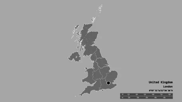 主要な地域部門と分離されたヨークシャーとハンバー地域とイギリスの荒廃した形 ラベル 標高マップ 3Dレンダリング — ストック写真