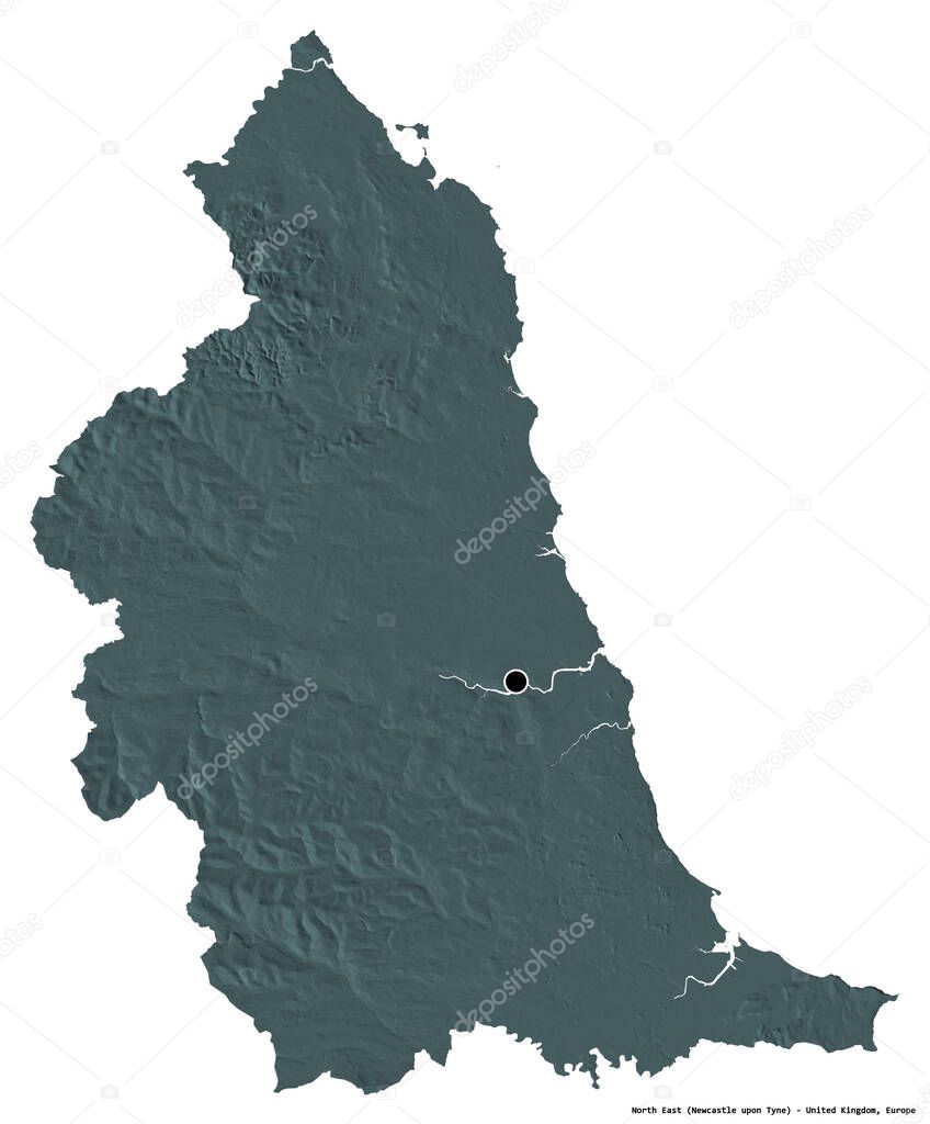 Shape of North East, region of United Kingdom, with its capital isolated on white background. Colored elevation map. 3D rendering