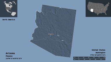 Arizona 'nın şekli, Birleşik Devletler' in Anakara eyaleti ve başkenti. Uzaklık ölçeği, ön gösterimler ve etiketler. Renkli yükseklik haritası. 3B görüntüleme
