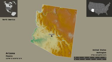 Arizona 'nın şekli, Birleşik Devletler' in Anakara eyaleti ve başkenti. Uzaklık ölçeği, ön gösterimler ve etiketler. Topografik yardım haritası. 3B görüntüleme