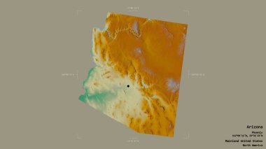 Arizona bölgesi, Birleşik Devletler Anakara Eyaleti, jeoreferatlı bir sınır kutusunda sağlam bir arka planda izole edilmiş. Etiketler. Topografik yardım haritası. 3B görüntüleme