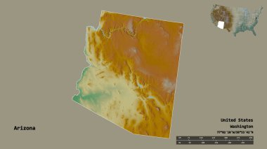 Arizona 'nın şekli, Birleşik Devletler' in Anakara eyaleti, başkenti sağlam arka planda izole edilmiş. Uzaklık ölçeği, bölge önizlemesi ve etiketleri. Topografik yardım haritası. 3B görüntüleme