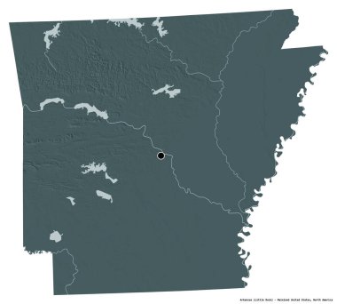 Arkansas 'ın şekli, Birleşik Devletler Anakara Eyaleti, başkenti beyaz arka planda izole edilmiş. Renkli yükseklik haritası. 3B görüntüleme