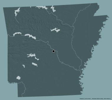 Arkansas 'ın şekli, Birleşik Devletler Anakara Eyaleti, sermayesi katı renk arka planında izole edilmiş. Renkli yükseklik haritası. 3B görüntüleme