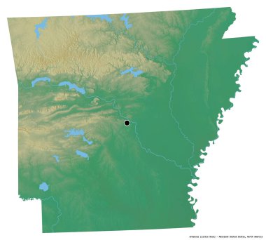 Arkansas 'ın şekli, Birleşik Devletler Anakara Eyaleti, başkenti beyaz arka planda izole edilmiş. Topografik yardım haritası. 3B görüntüleme