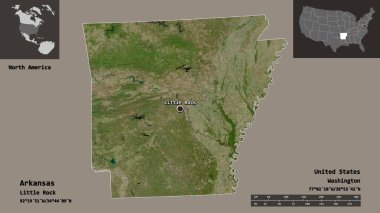 Arkansas 'ın şekli, Birleşik Devletler' in Anakara Eyaleti ve başkenti. Uzaklık ölçeği, ön gösterimler ve etiketler. Uydu görüntüleri. 3B görüntüleme