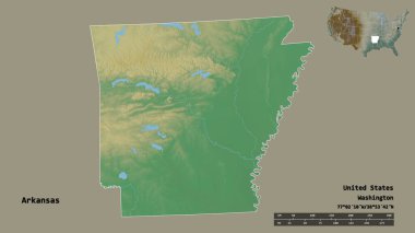 Arkansas 'ın şekli, Birleşik Devletler' in Anakara eyaleti, sermayesi sağlam arka planda izole edilmiş. Uzaklık ölçeği, bölge önizlemesi ve etiketleri. Topografik yardım haritası. 3B görüntüleme