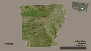 Arkansas 'ın şekli, Birleşik Devletler' in Anakara eyaleti, sermayesi sağlam arka planda izole edilmiş. Uzaklık ölçeği, bölge önizlemesi ve etiketleri. Uydu görüntüleri. 3B görüntüleme