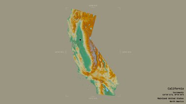 Kaliforniya bölgesi, Birleşik Devletler Anakara Eyaleti, jeoreferatlı bir sınır kutusunda sağlam bir arka planda izole edilmiş. Etiketler. Topografik yardım haritası. 3B görüntüleme