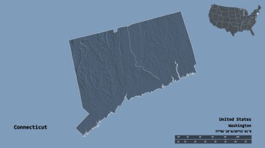 Connecticut 'un şekli, Birleşik Devletler' in Anakara eyaleti, sermayesi sağlam arka planda izole edilmiş. Uzaklık ölçeği, bölge önizlemesi ve etiketleri. Renkli yükseklik haritası. 3B görüntüleme