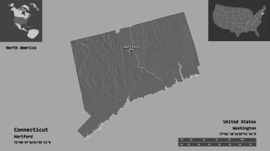 Connecticut 'ın şekli, Anakara Birleşik Devletleri eyaleti ve başkenti. Uzaklık ölçeği, ön gösterimler ve etiketler. Çift seviyeli yükseklik haritası. 3B görüntüleme