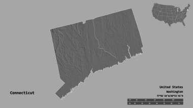 Connecticut 'un şekli, Birleşik Devletler' in Anakara eyaleti, sermayesi sağlam arka planda izole edilmiş. Uzaklık ölçeği, bölge önizlemesi ve etiketleri. Çift seviyeli yükseklik haritası. 3B görüntüleme