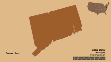 Connecticut 'un şekli, Birleşik Devletler' in Anakara eyaleti, sermayesi sağlam arka planda izole edilmiş. Uzaklık ölçeği, bölge önizlemesi ve etiketleri. Desenli dokuların bileşimi. 3B görüntüleme