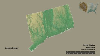 Connecticut 'un şekli, Birleşik Devletler' in Anakara eyaleti, sermayesi sağlam arka planda izole edilmiş. Uzaklık ölçeği, bölge önizlemesi ve etiketleri. Topografik yardım haritası. 3B görüntüleme