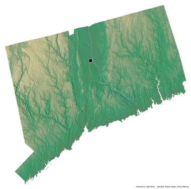 Connecticut 'un şekli, Birleşik Devletler Anakara Eyaleti, başkenti beyaz arka planda izole edilmiş. Topografik yardım haritası. 3B görüntüleme