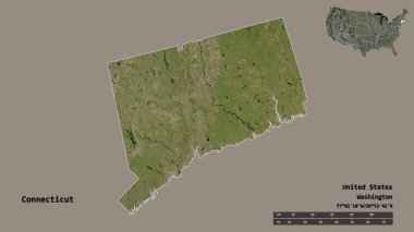 Connecticut 'un şekli, Birleşik Devletler' in Anakara eyaleti, sermayesi sağlam arka planda izole edilmiş. Uzaklık ölçeği, bölge önizlemesi ve etiketleri. Uydu görüntüleri. 3B görüntüleme