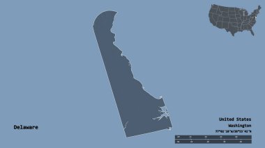 Amerika Birleşik Devletleri 'nin başkenti Delaware' in sağlam arka planda izole edilmiş hali. Uzaklık ölçeği, bölge önizlemesi ve etiketleri. Renkli yükseklik haritası. 3B görüntüleme