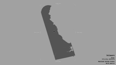 Delaware bölgesi, Birleşik Devletler Anakara Eyaleti, Gürcistan sınırlı bir kutuda sağlam bir arka planda izole edilmiş. Etiketler. Çift seviyeli yükseklik haritası. 3B görüntüleme