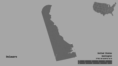 Amerika Birleşik Devletleri 'nin başkenti Delaware' in sağlam arka planda izole edilmiş hali. Uzaklık ölçeği, bölge önizlemesi ve etiketleri. Çift seviyeli yükseklik haritası. 3B görüntüleme