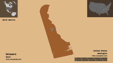 Delaware 'in şekli, Birleşik Devletler' in anakara eyaleti ve başkenti. Uzaklık ölçeği, ön gösterimler ve etiketler. Desenli dokuların bileşimi. 3B görüntüleme