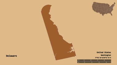 Amerika Birleşik Devletleri 'nin başkenti Delaware' in sağlam arka planda izole edilmiş hali. Uzaklık ölçeği, bölge önizlemesi ve etiketleri. Desenli dokuların bileşimi. 3B görüntüleme
