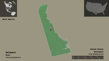 Delaware 'in şekli, Birleşik Devletler' in anakara eyaleti ve başkenti. Uzaklık ölçeği, ön gösterimler ve etiketler. Topografik yardım haritası. 3B görüntüleme